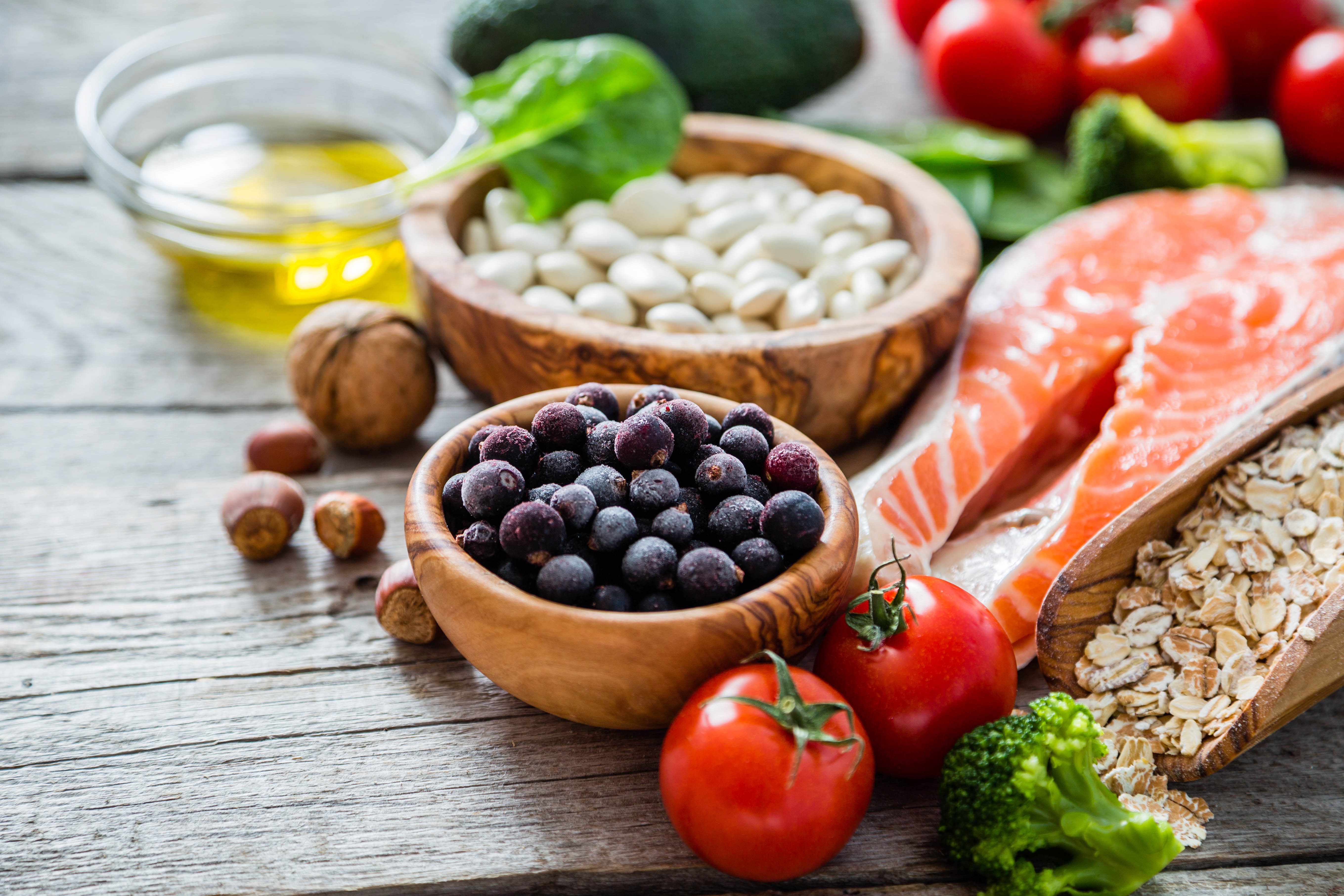 Foods that are part of a healthy diet including - fish, nuts, oils, berries, vegetables, fruit Foods that are part of a healthy diet including - fish, nuts, oils, berries, vegetables, fruit